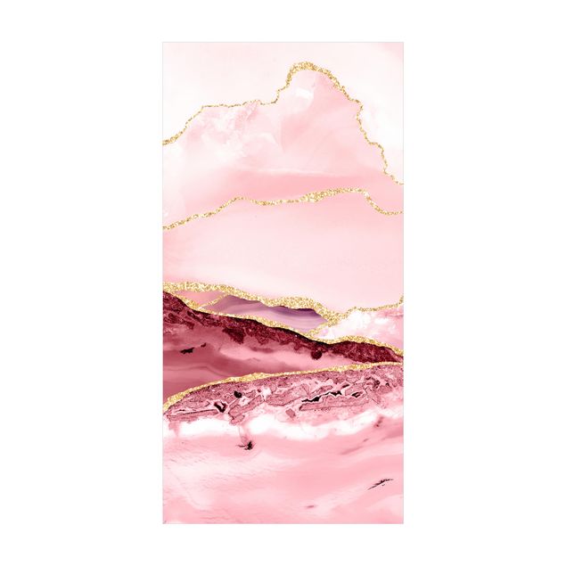 modern abstract rug Abstract Mountains Pink With Golden Lines