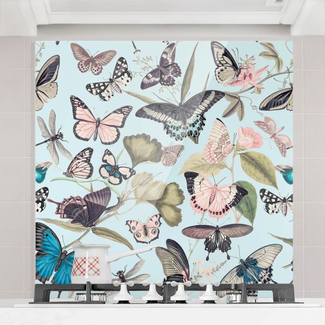 Glass splashback flower Vintage Collage - Butterflies And Dragonflies