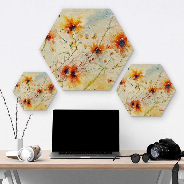 Wooden hexagon - Painted Flowers