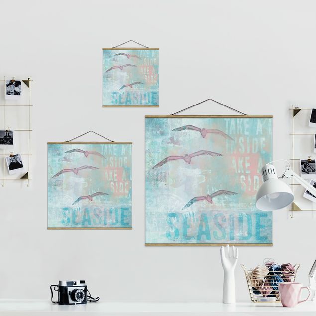Fabric print with poster hangers - Shabby Chic Collage - Seagulls