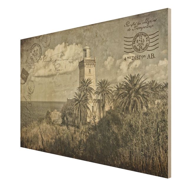 Print on wood - Lighthouse And Palm Trees - Vintage Postcard