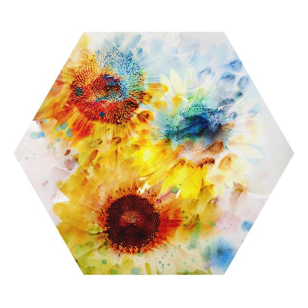 Alu-Dibond hexagon - Watercolour Flowers Sunflowers
