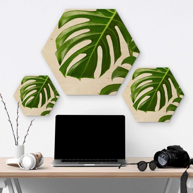Wooden hexagon - Green Leaves Monstera