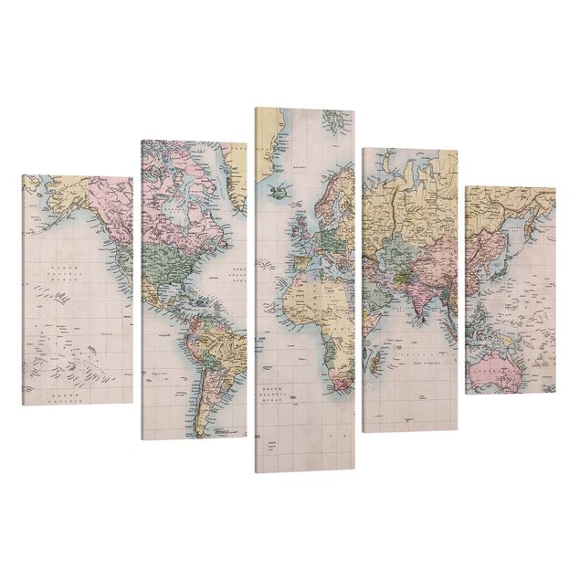Print on canvas 5 parts - Vintage World Map Around 1850