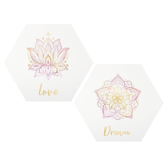 Alu-Dibond hexagon - Mandala Dream Love Set Gold Pink