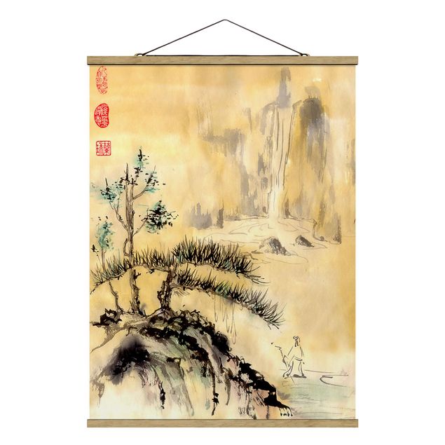Fabric print with poster hangers - Japanese Watercolour Drawing Cedars And Mountains