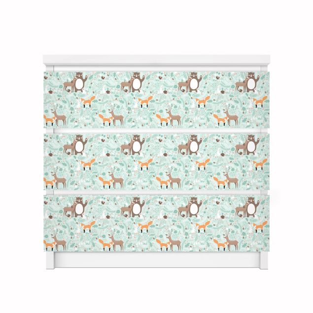 Adhesive film for furniture IKEA - Malm chest of 3x drawers - Kids Pattern Forest Friends With Forest Animals