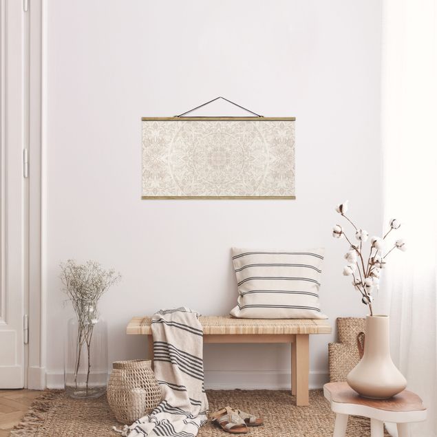 Fabric print with poster hangers - Mandala Watercolour Pattern Ornament Beige