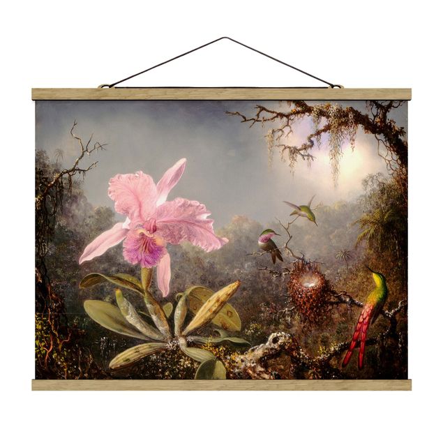 Fabric print with poster hangers - Martin Johnson Heade - Orchid And Three Hummingbirds