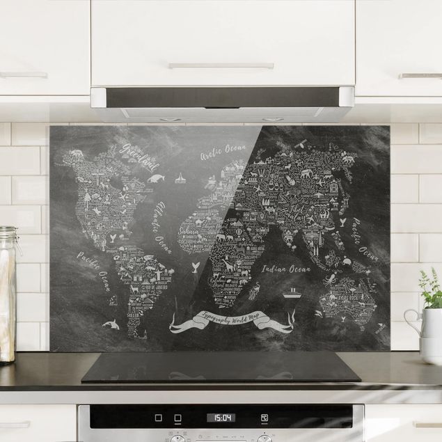 Glass splashback kitchen Chalk Typography World Map
