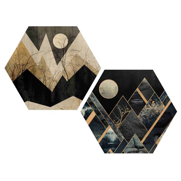 Wooden hexagon - Golden Moon And Geometric Mountains