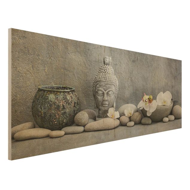 Print on wood - Zen Buddha With White Orchids
