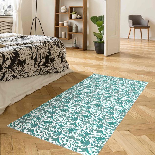 Runner rugs Watercolour Hummingbird And Plant Silhouettes Pattern In Turquoise
