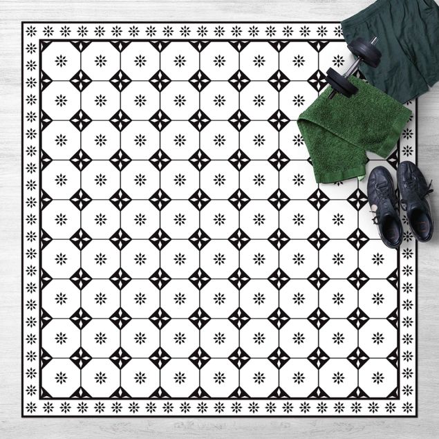 outdoor balcony rug Geometrical Tiles Cottage Black And White With Border