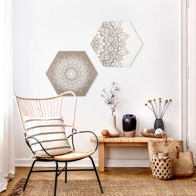 Alu-Dibond hexagon - Mandala Illustration Shabby Set Beige White