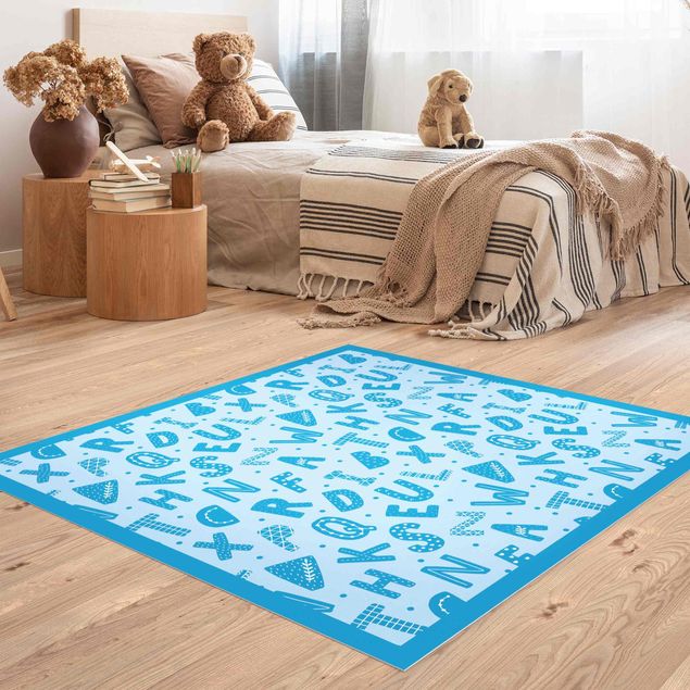 modern area rugs Alphabet With Hearts And Dots In Blue With Frame