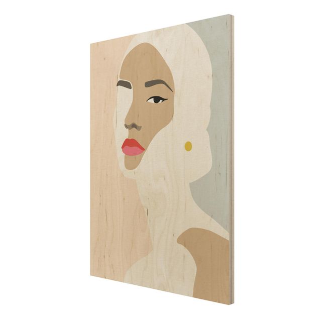 Print on wood - Line Art Portrait Woman Pastel Grey