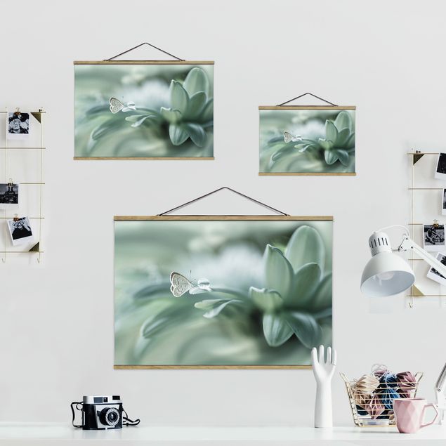 Fabric print with poster hangers - Butterfly And Dew Drops In Pastel Green
