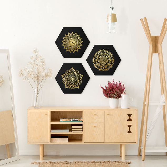 Alu-Dibond hexagon - Mandala Flower Sun Illustration Set Black Gold