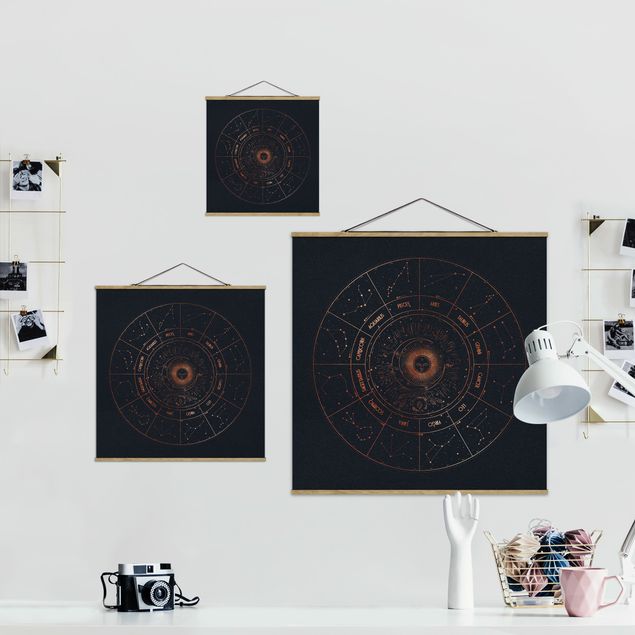 Fabric print with poster hangers - Astrology The 12 Zodiak Signs Blue Gold