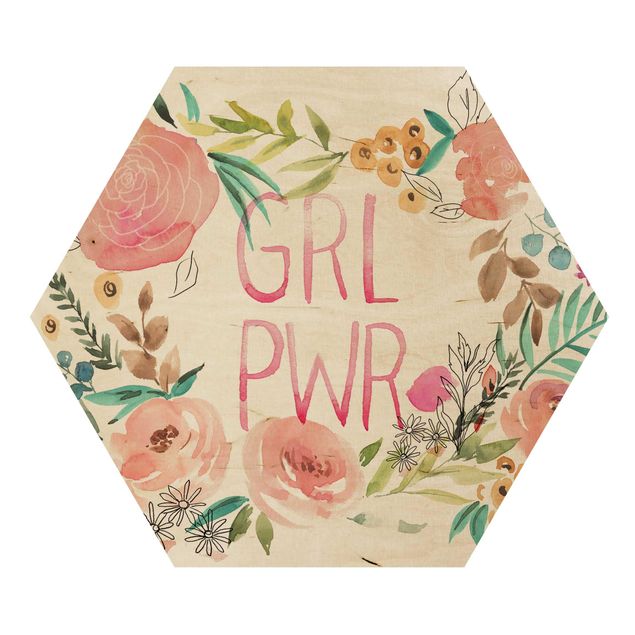 Wooden hexagon - Pink Flowers - Girl Power