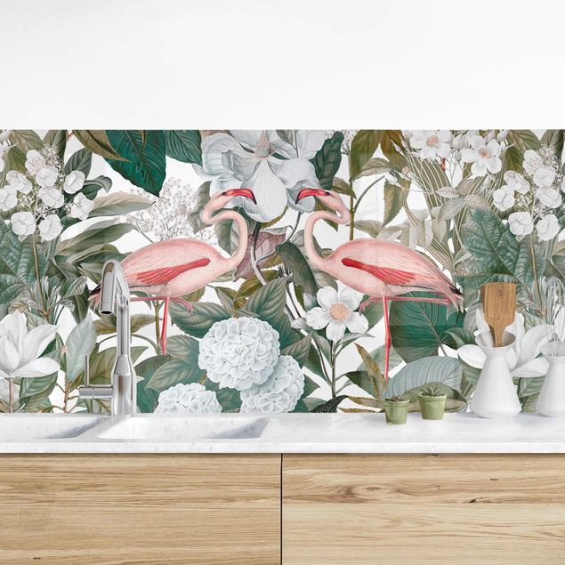 Kitchen splashback flower Pink Flamingos With Leaves And White Flowers