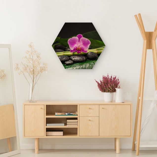 Hexagon Picture Wood - Green Bamboo With Orchid Blossom