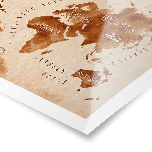 Poster - World Map Watercolour Beige Brown