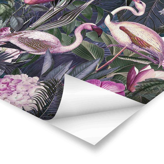 Poster - Colourful Collage - Pink Flamingos In The Jungle