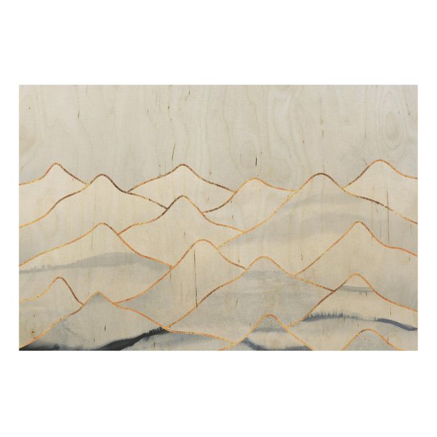Print on wood - Watercolour Mountains White Gold