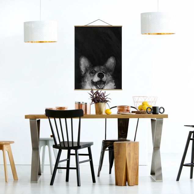 Fabric print with poster hangers - Illustration Dog Corgi Paintig Black And White