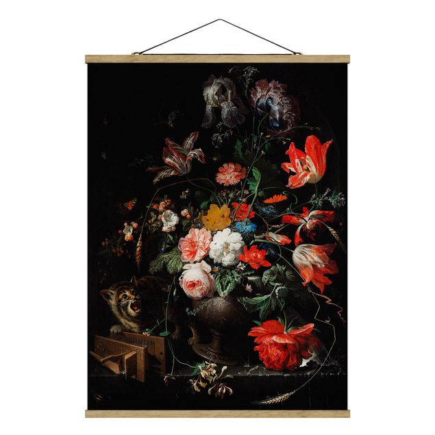 Fabric print with poster hangers - Abraham Mignon - The Overturned Bouquet