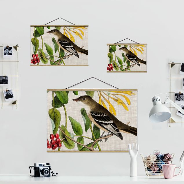 Fabric print with poster hangers - Bird On Linen Yellow II