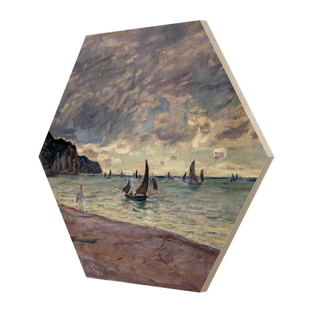 Wooden hexagon - Claude Monet - Fishing Boats In Front Of The Beach And Cliffs Of Pourville