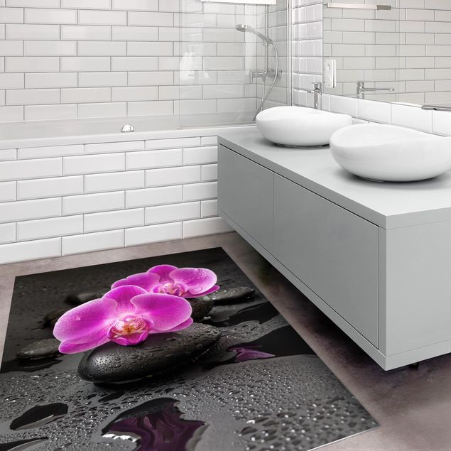 modern area rugs Pink Orchid Flower On Stones With Drops
