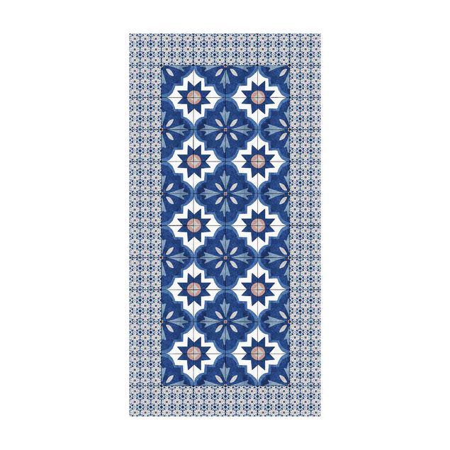 Modern rugs Moroccan Tiles Watercolour Blue With Tile Frame