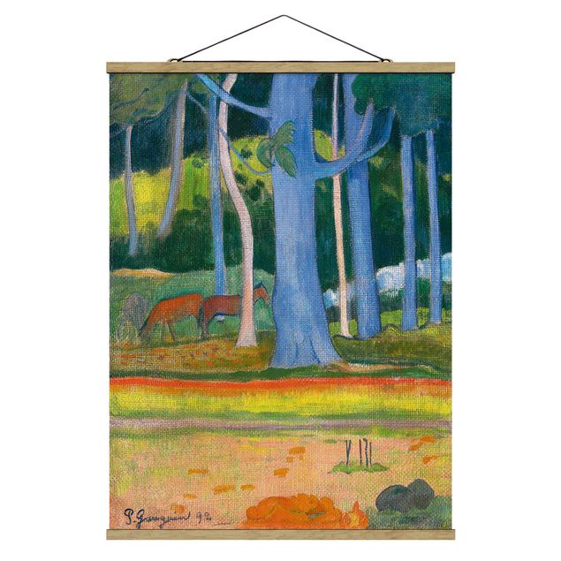 Fabric print with poster hangers - Paul Gauguin - Landscape with blue Tree Trunks