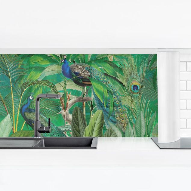 Kitchen splashback landscape Peacocks In The Jungle