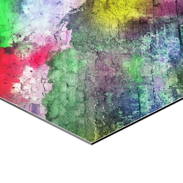 Alu-Dibond hexagon - Colourful Sprayed Old Brick Wall