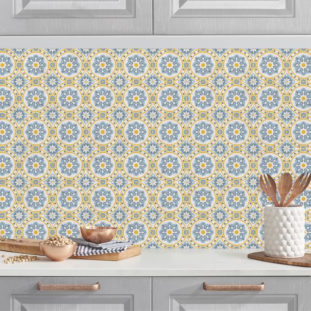 Kitchen splashback patterns Floral Tiles Blue Yellow