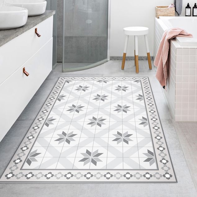 tile effect rug Geometrical Tiles Rhombal Flower Grey With Border