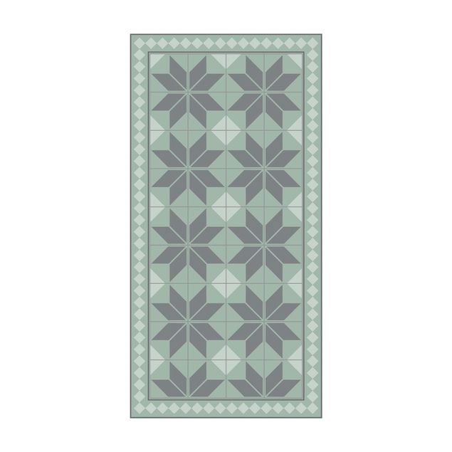Modern rugs Geometrical Tiles Star Flower Mint Green Shade With Narrow Border