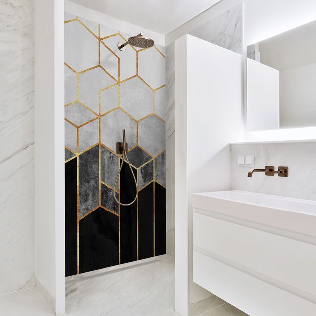 Shower wall cladding - Golden Hexagons Black And White