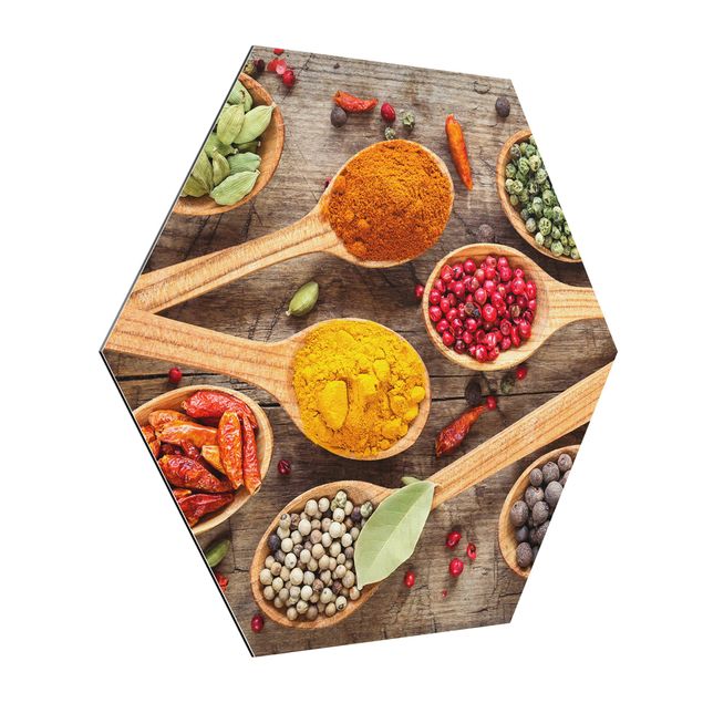 Alu-Dibond hexagon - Spices On Wooden Spoon
