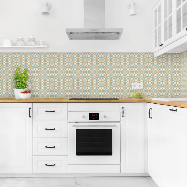 Kitchen splashback tiles Oriental Patterns With Yellow Flowers