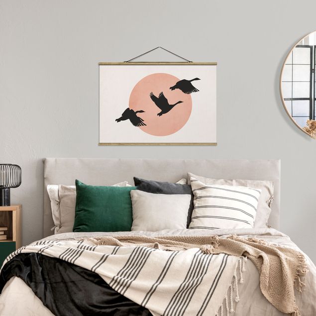 Fabric print with poster hangers - Birds In Front Of Rose Sun III