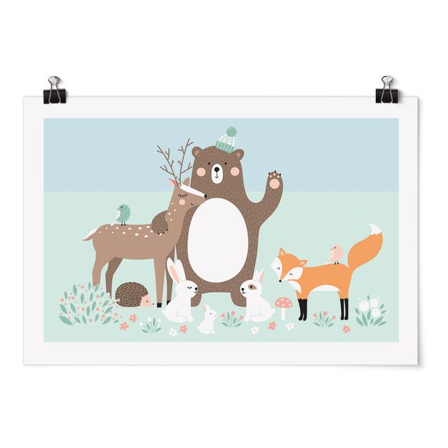 Poster - Forest Friends with forest animals blue