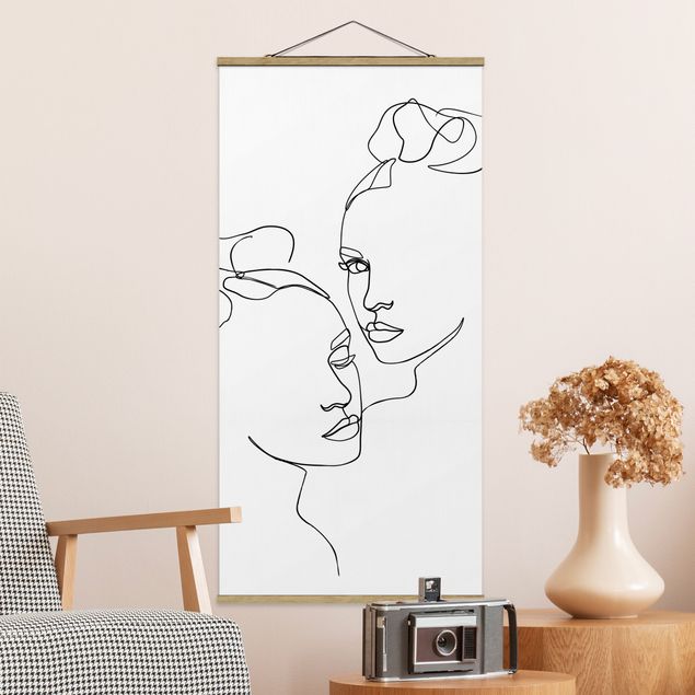 Fabric print with poster hangers - Line Art Faces Women Black And White
