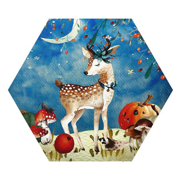 Hexagon Picture Forex - Watercolor Deer In The Moonlight