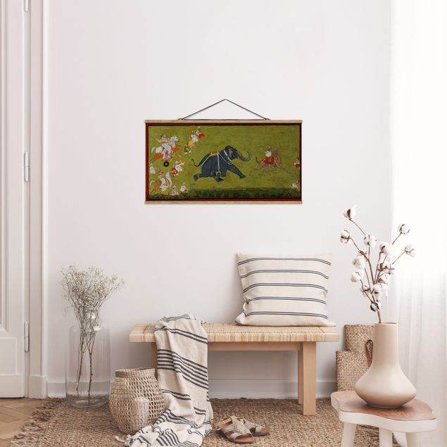 Fabric print with poster hangers - Maharaja Jagat Singh Pursues A Fleeing Elephant